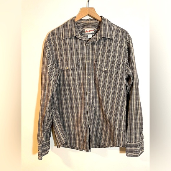 Gap Jeans 1969 Pearl Snap Shirt Large Gray Black Beige Plaid Long Sleeve Y2K - Picture 1 of 9